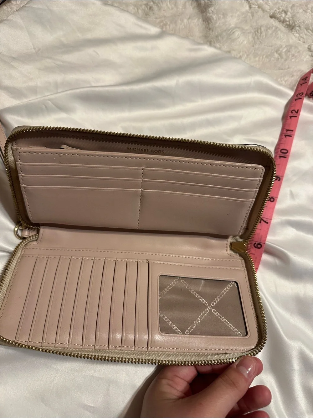 Michael Kors Beige and Light Pink Signature Zip Wallet Wristlet